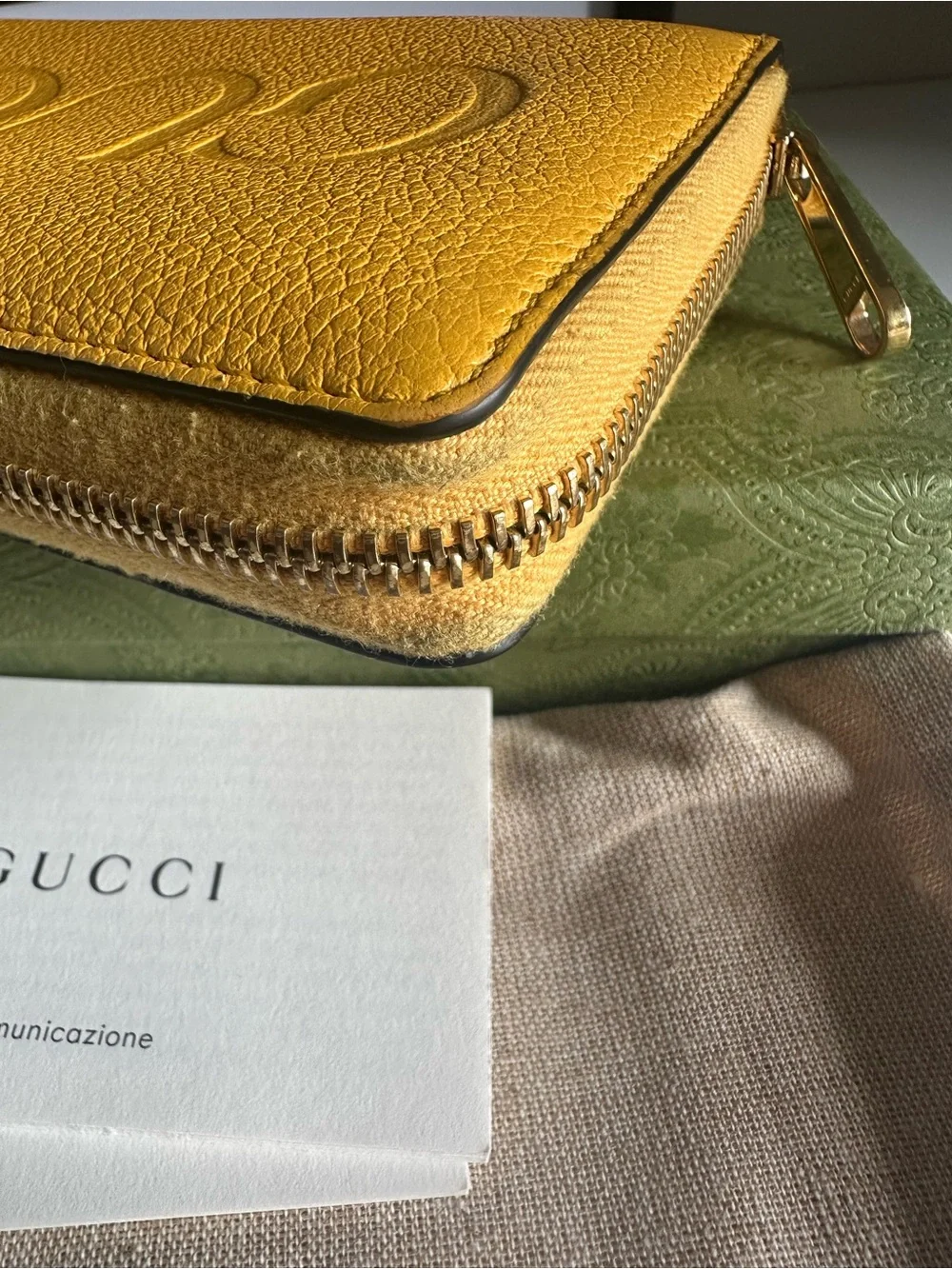 Gucci Yellow Embossed Logo Pebbled Leather Zip Around Wallet w/ Box and Dusty ⭐